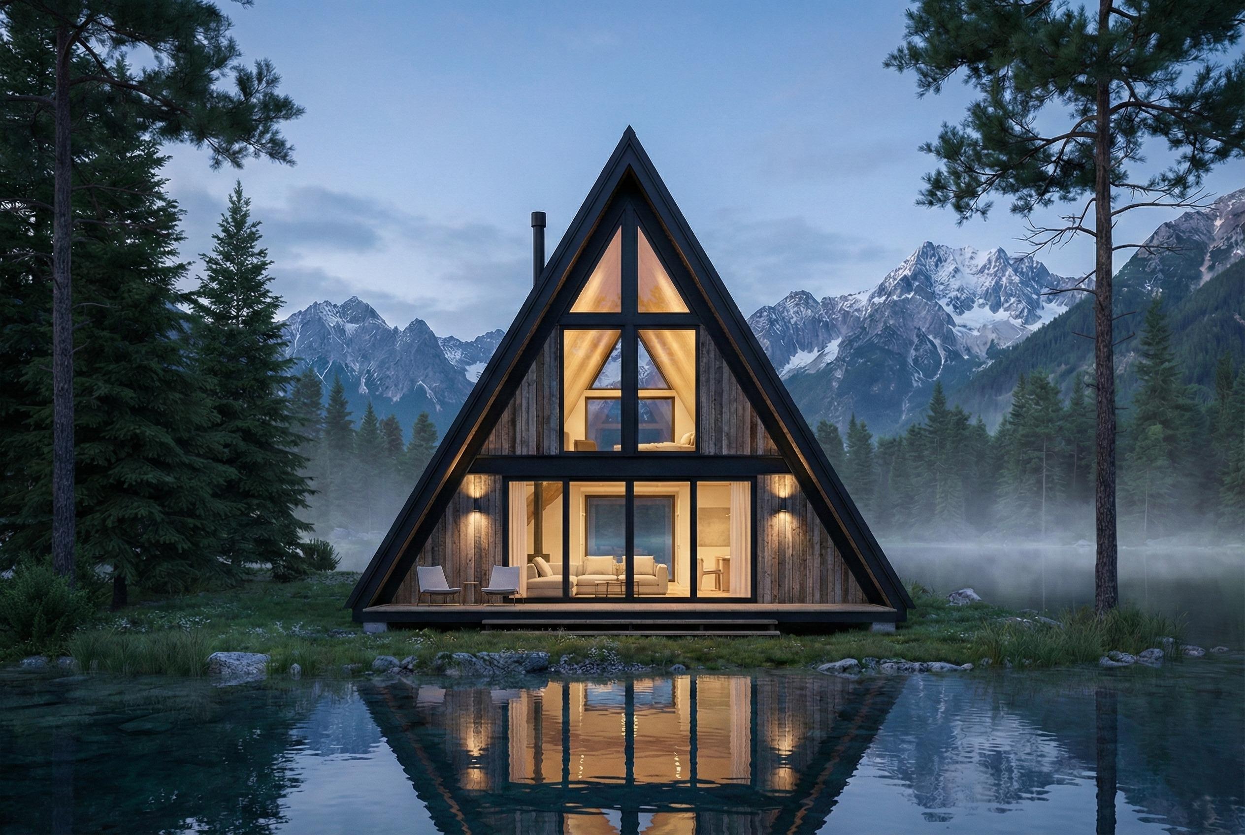Exterior visualization of a custom residence at dusk, showing material and site context